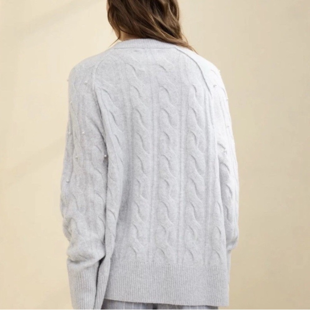 aerie Light Gray Pearl-Embellished Cable Knit Crewneck Sweater M - Picture 3 of 9